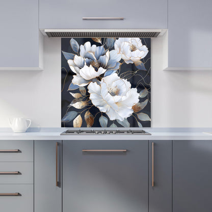 Elegant Floral Symphony in Blue and Gold Kitchen Splashback