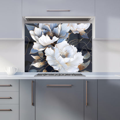 Elegant Floral Symphony in Blue and Gold Kitchen Splashback
