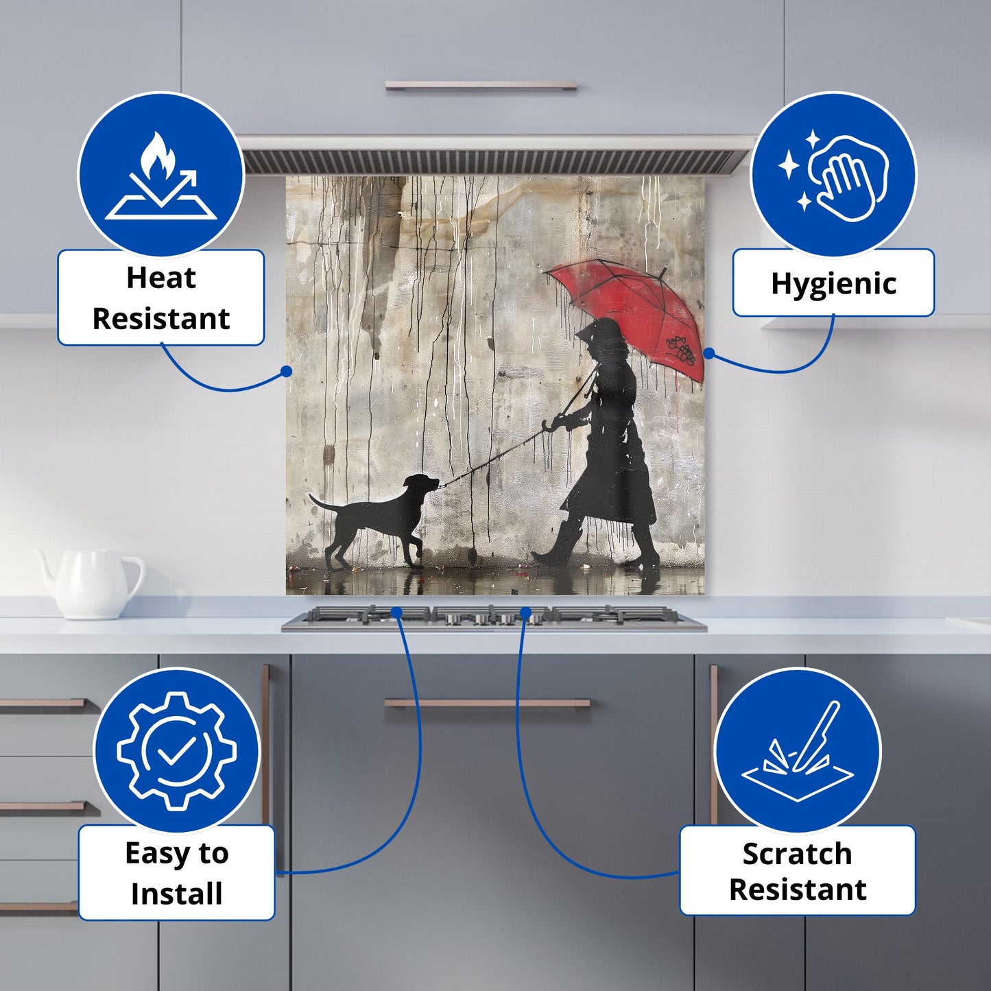 Rainy Day Walk with Red Umbrella Kitchen Splashback