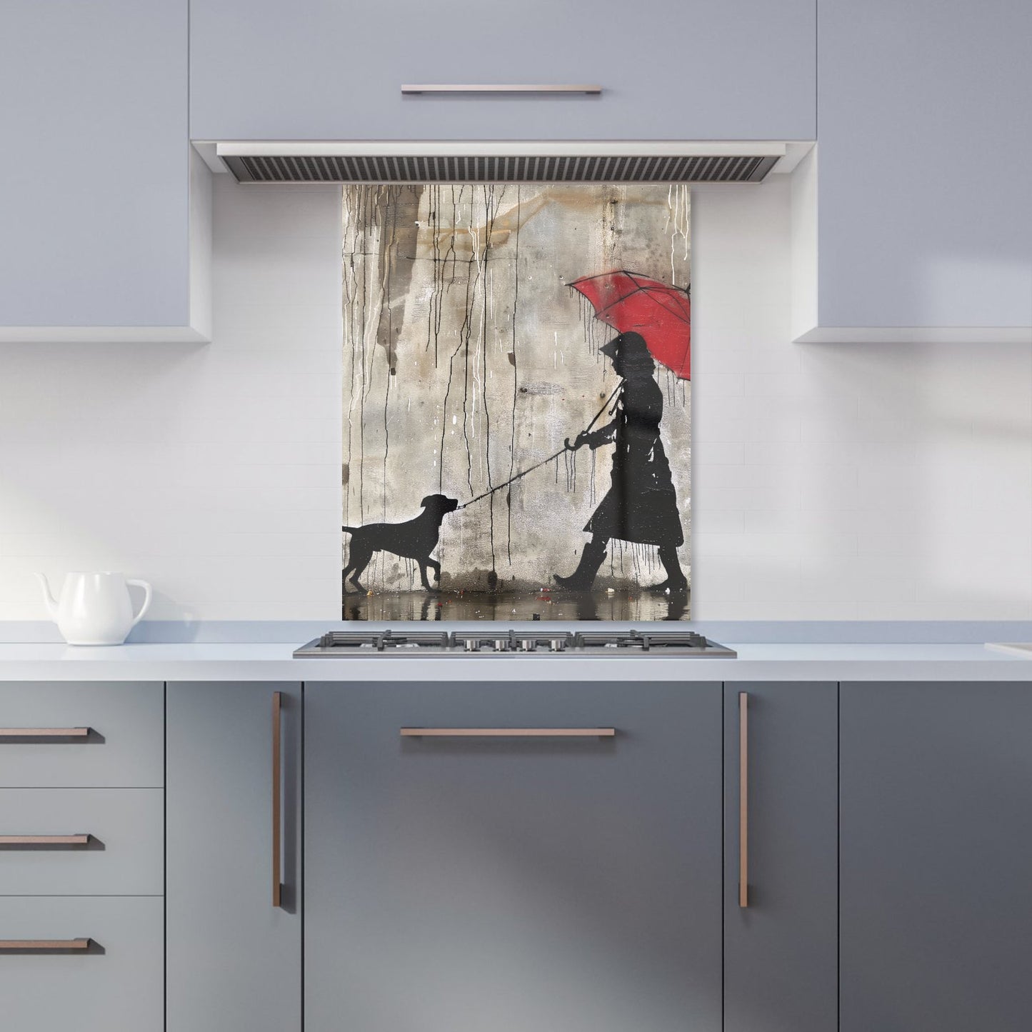 Rainy Day Walk with Red Umbrella Kitchen Splashback
