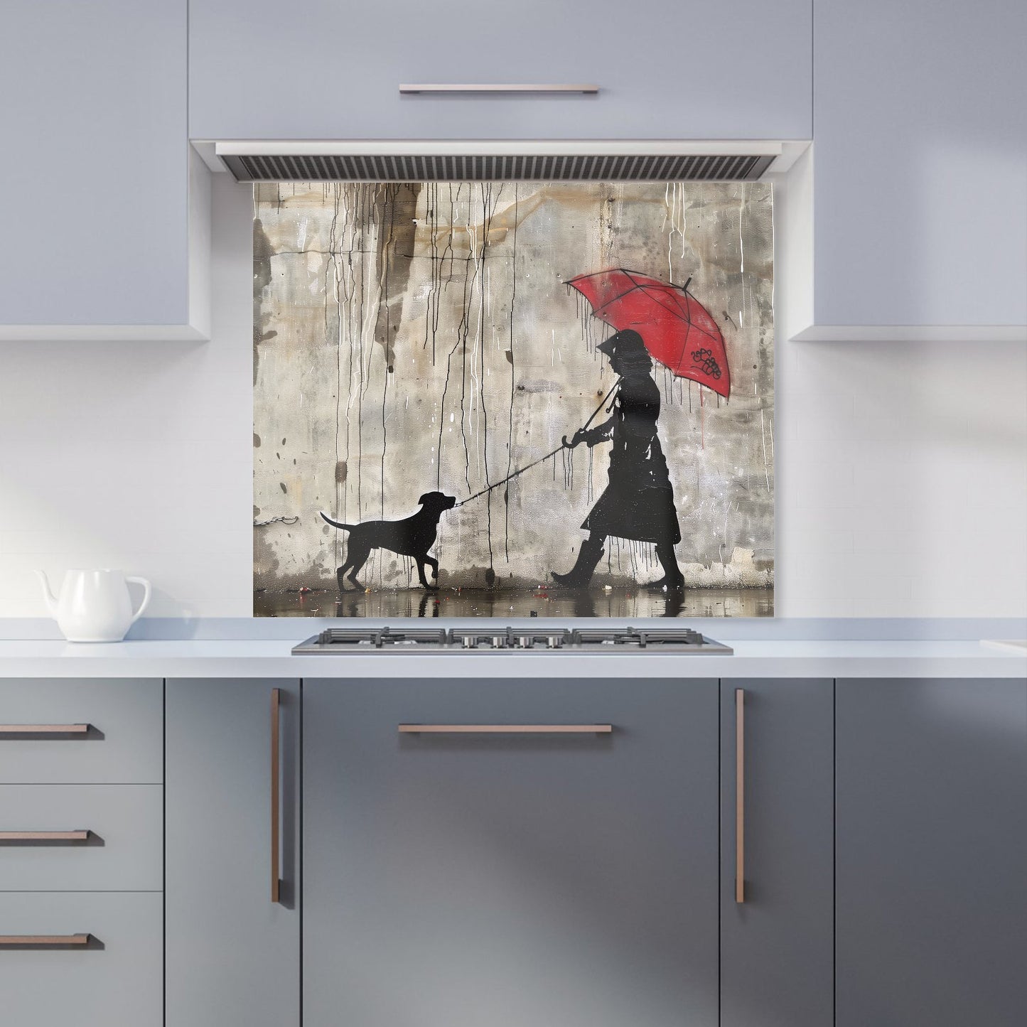 Rainy Day Walk with Red Umbrella Kitchen Splashback