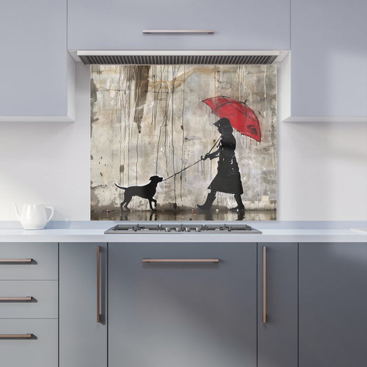Rainy Day Walk with Red Umbrella Kitchen Splashback