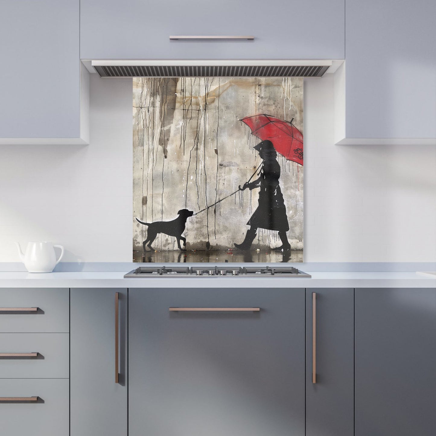 Rainy Day Walk with Red Umbrella Kitchen Splashback
