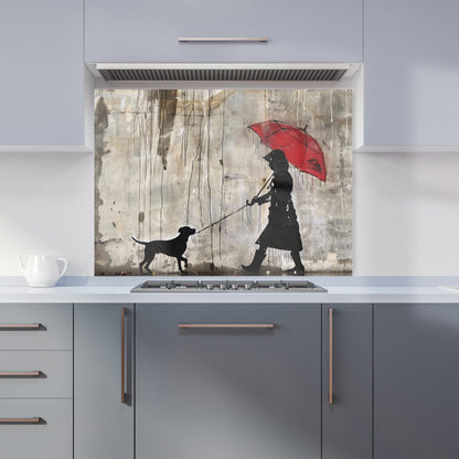 Rainy Day Walk with Red Umbrella Kitchen Splashback