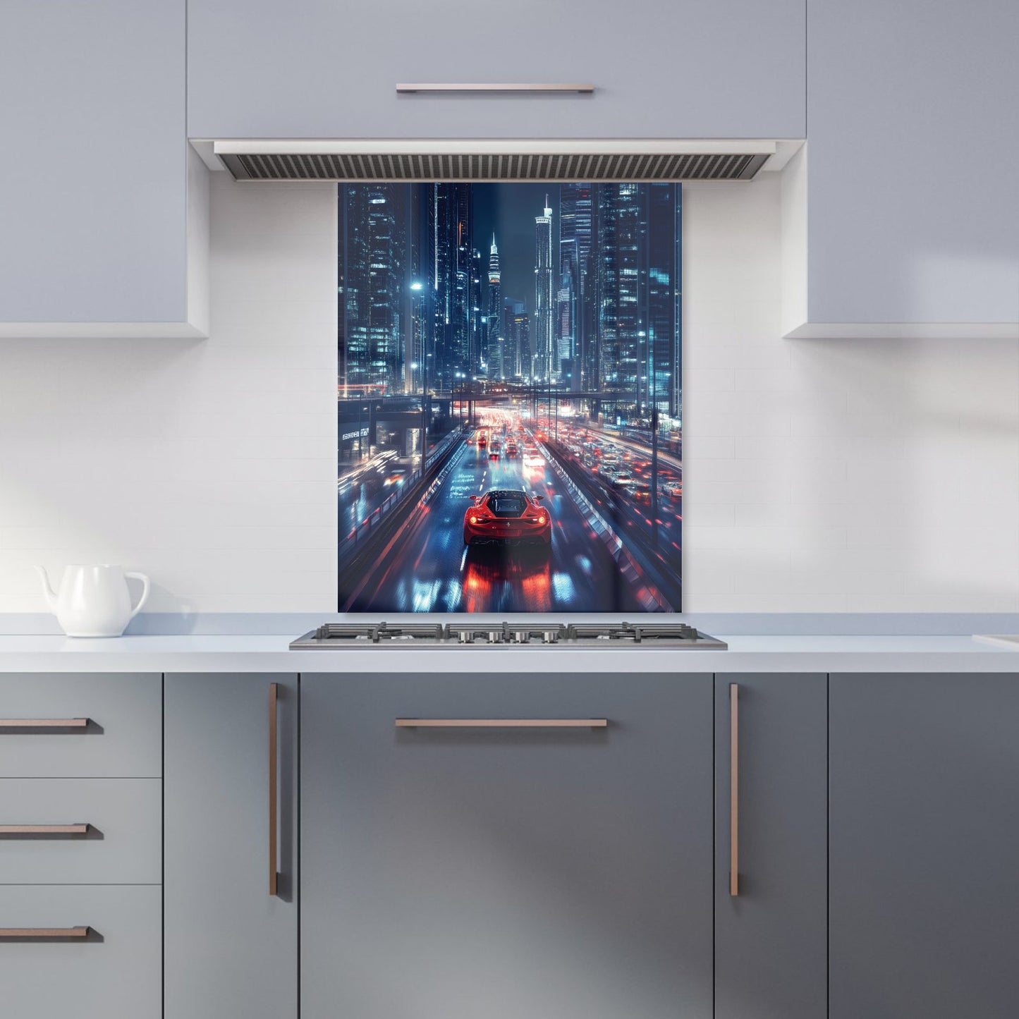 Red Streak through Nighttime Dubai Kitchen Splashback