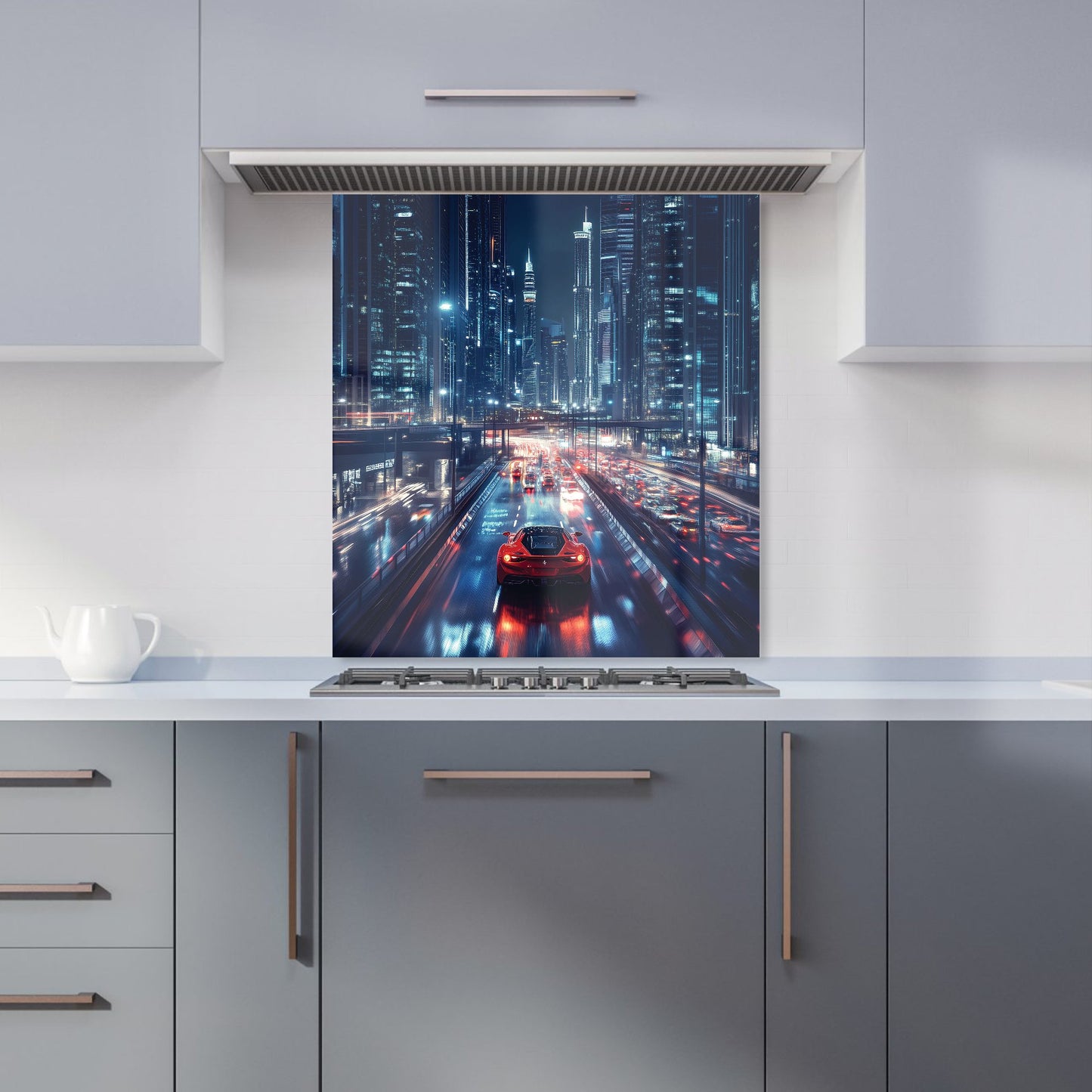 Red Streak through Nighttime Dubai Kitchen Splashback