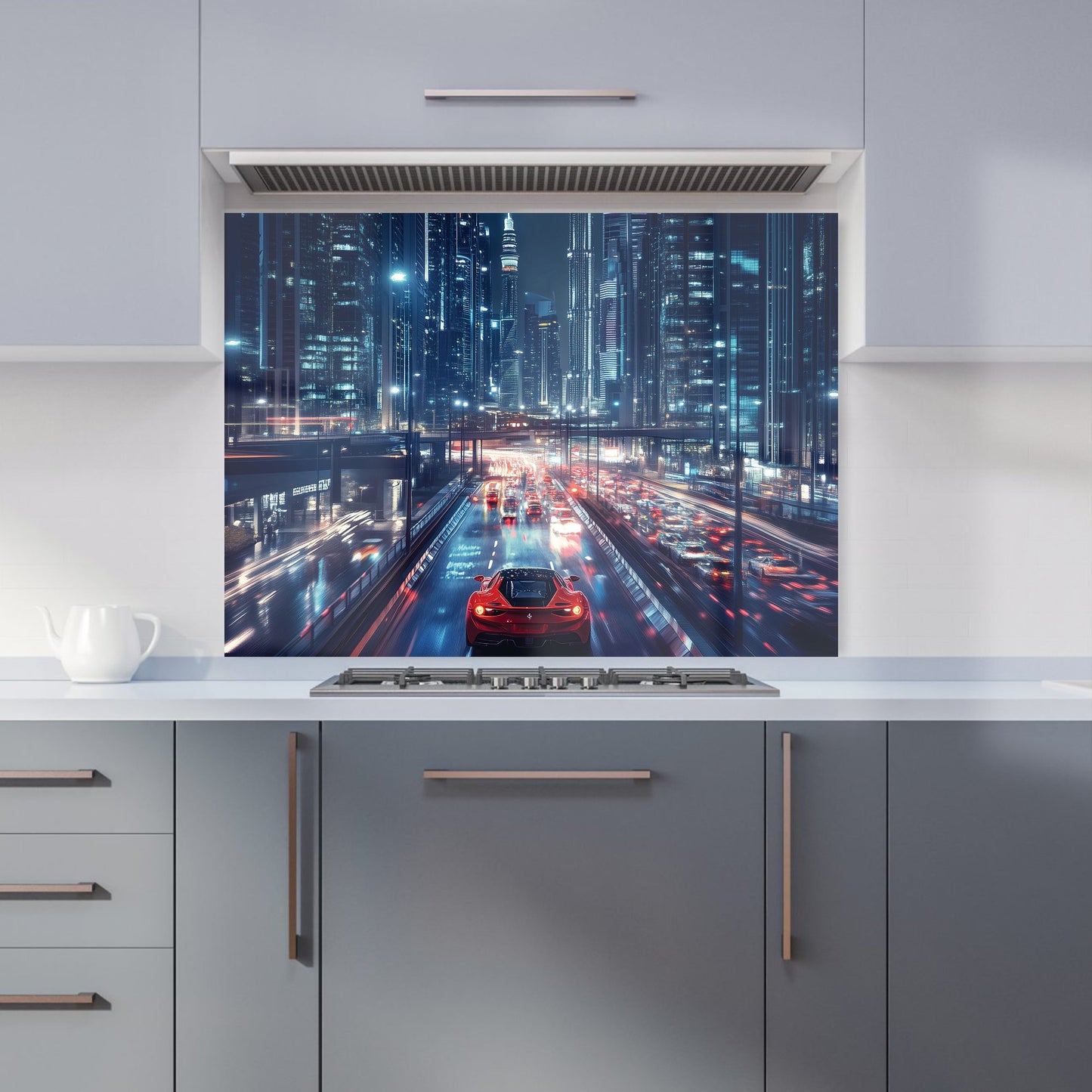 Red Streak through Nighttime Dubai Kitchen Splashback