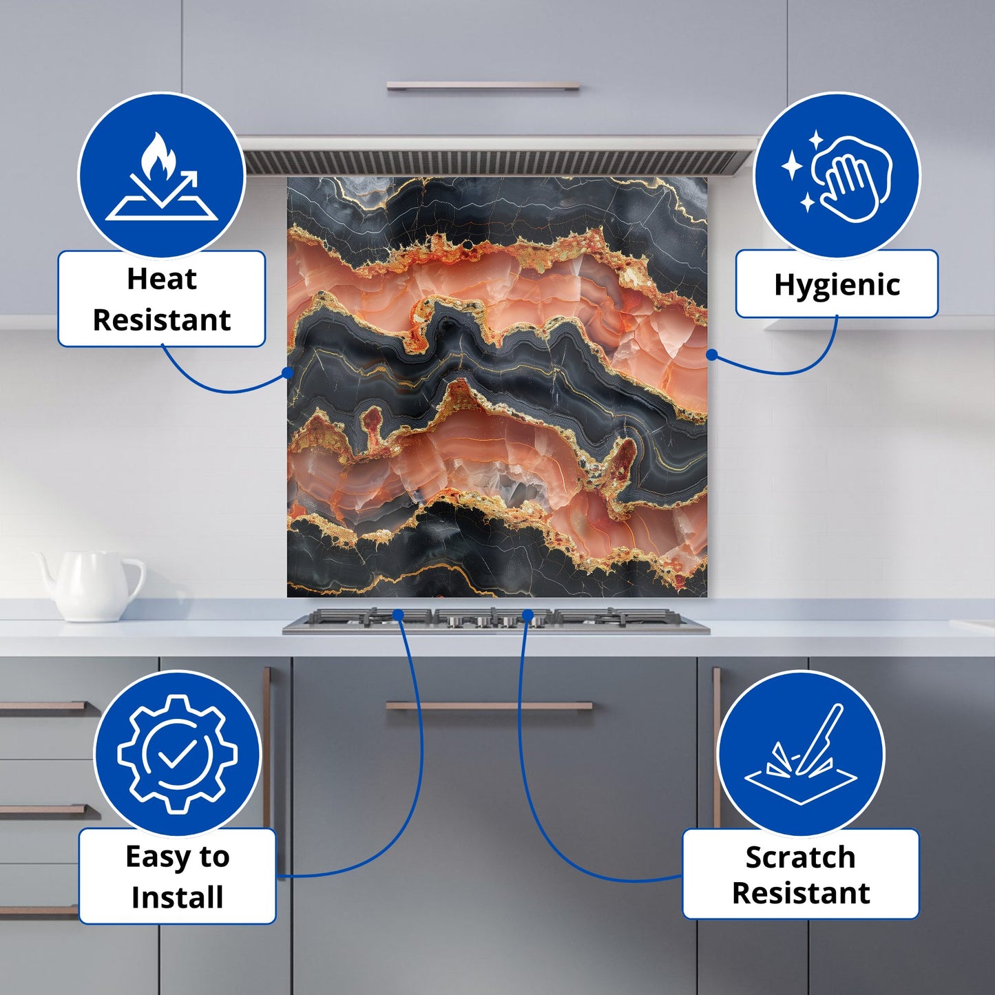 Black Pink And Gold Marble Effect Kitchen Splashback