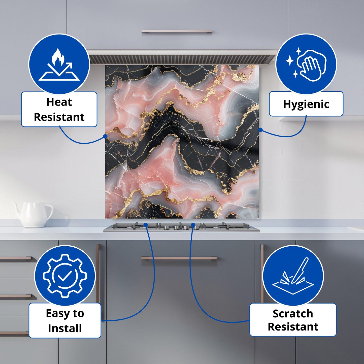 Baby Pink And Black Marble Effect Kitchen Splashback