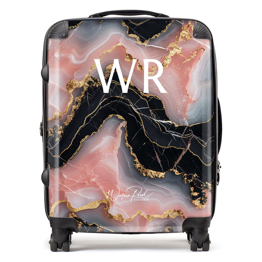 WR01048 Personalised Baby Pink And Black Marble Effect Initial Suitcase