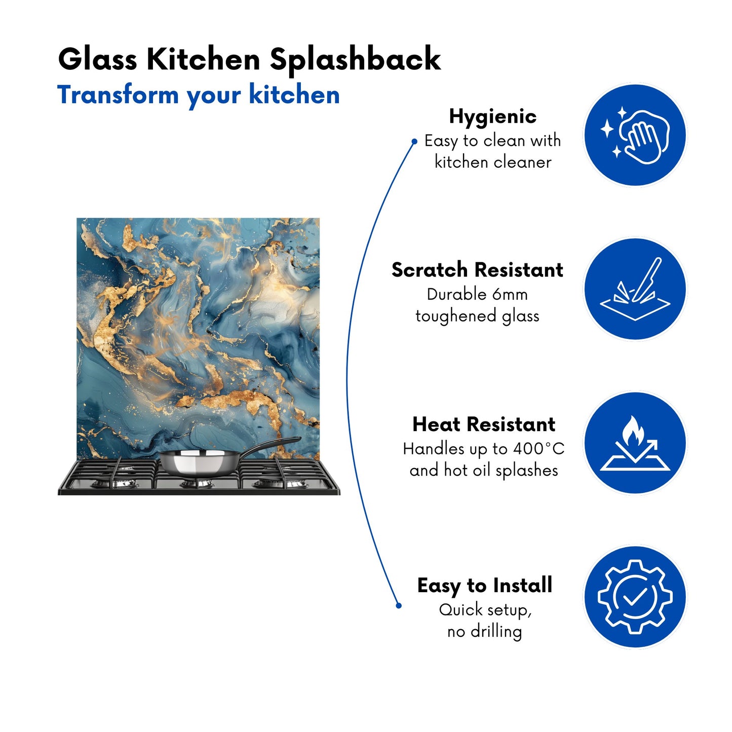 Azure And Gold Marble Effect Kitchen Splashback