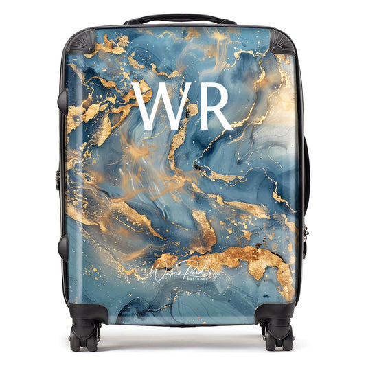 Personalised Azure And Gold Marble Effect Initial Suitcase