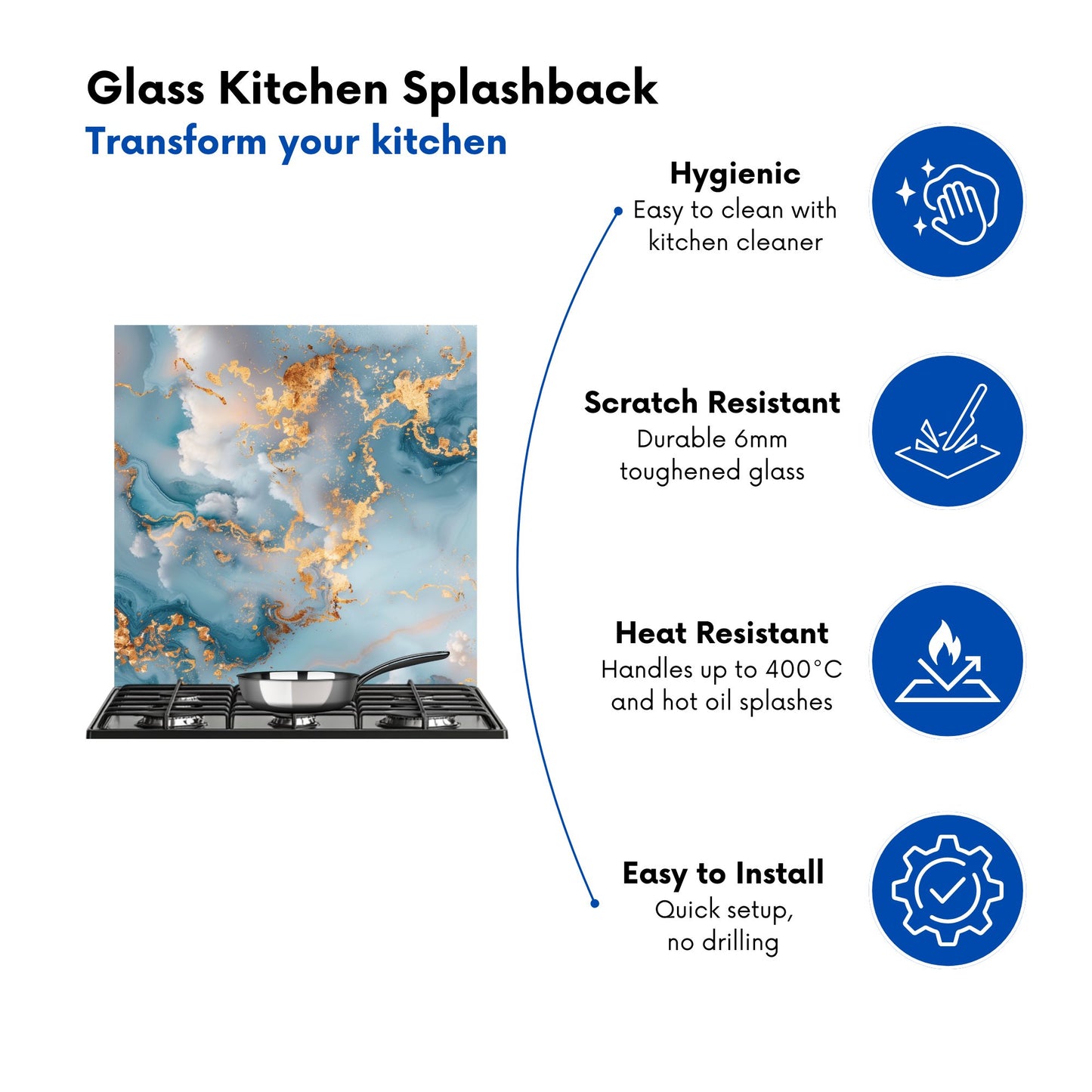 Blue And Gold Marble Effect Kitchen Splashback