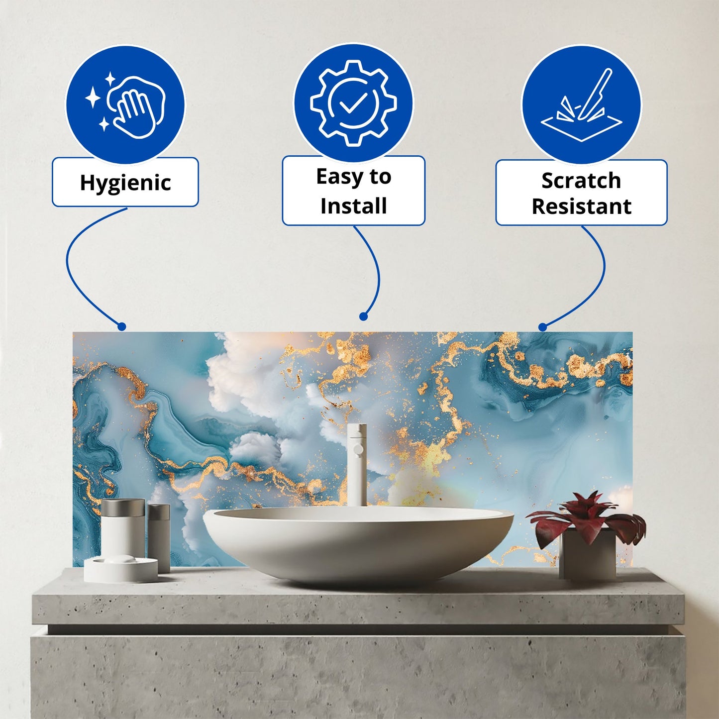 Blue And Gold Marble Effect Glass Bathroom Splashback