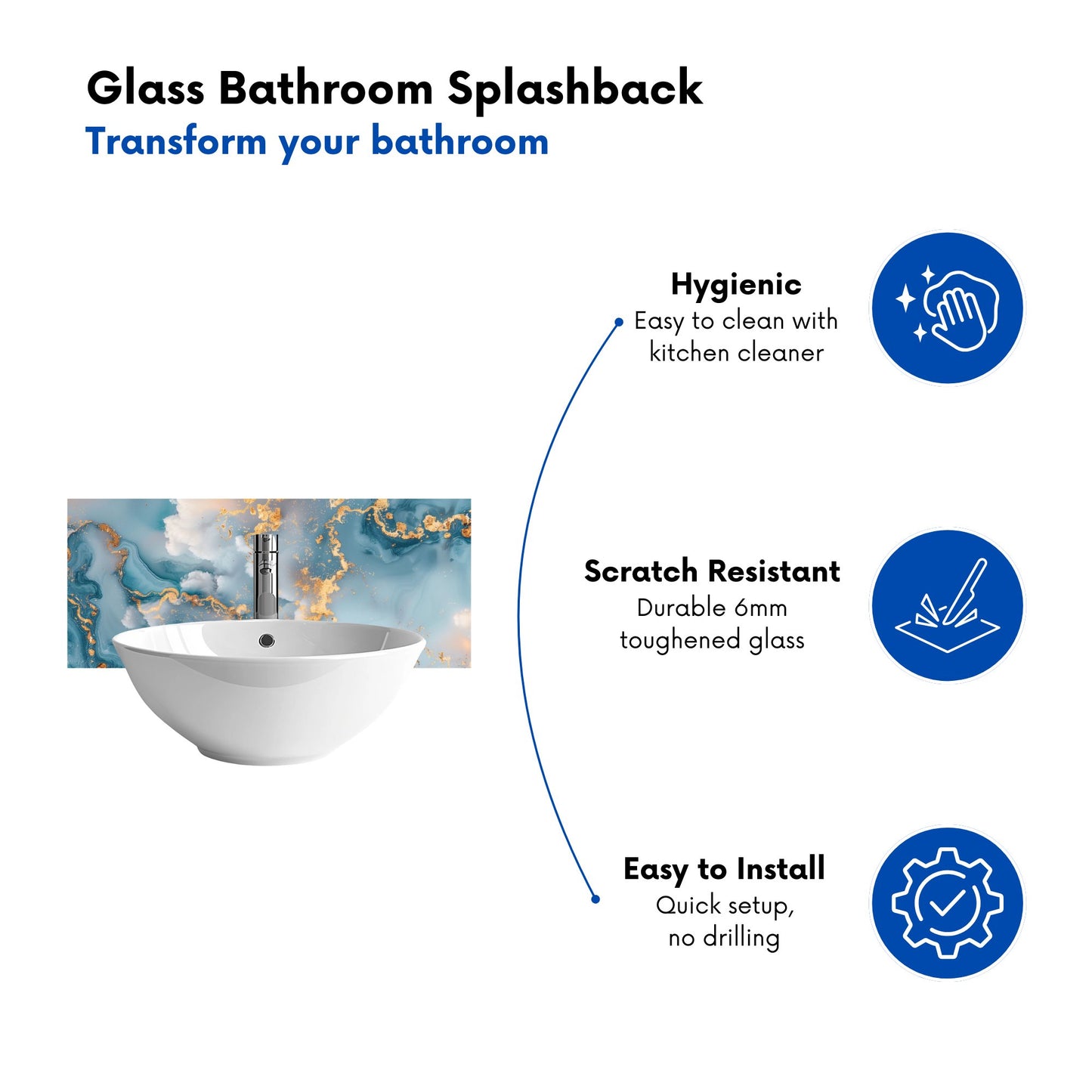 Blue And Gold Marble Effect Glass Bathroom Splashback