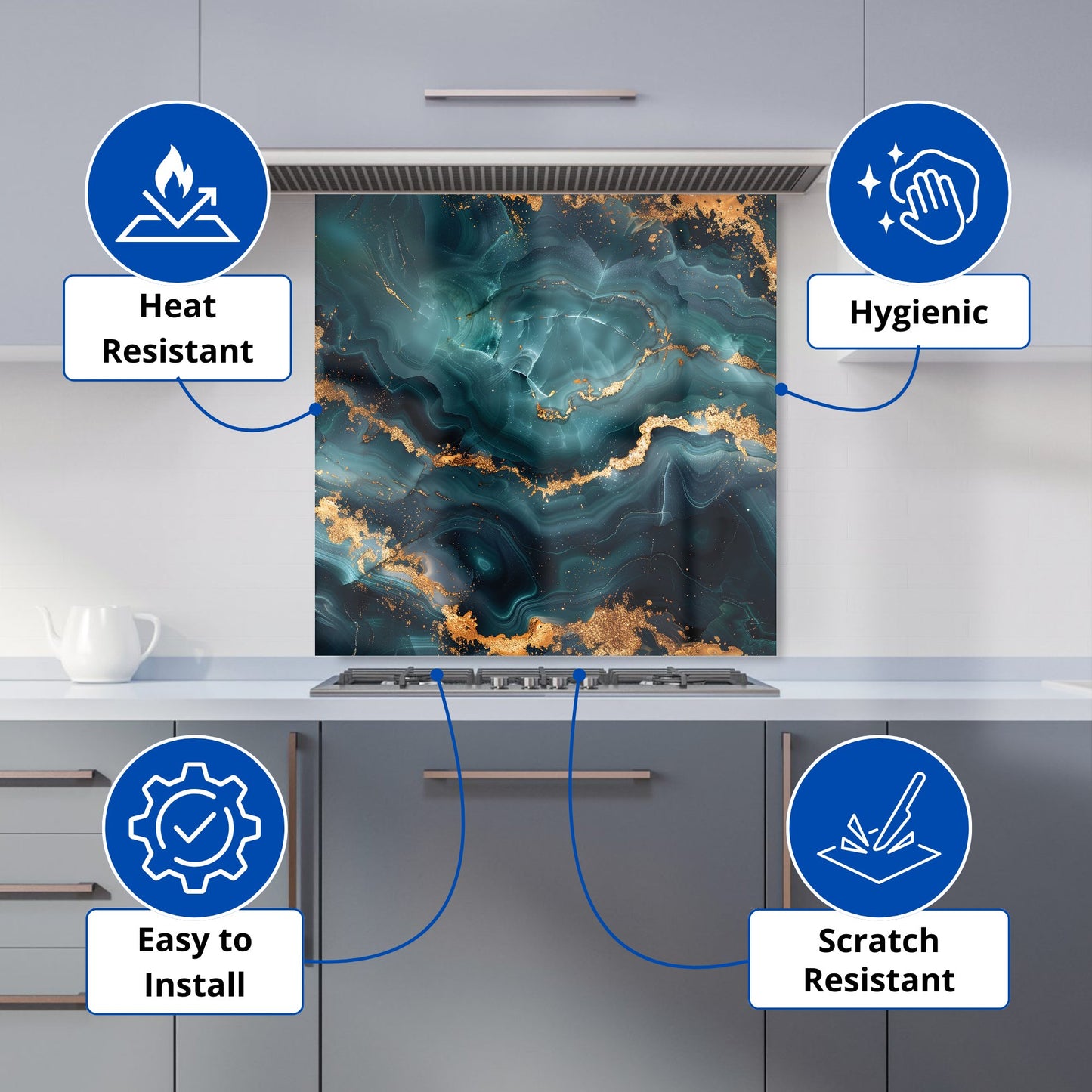 Blue, Gold Marble Effect Kitchen Splashback