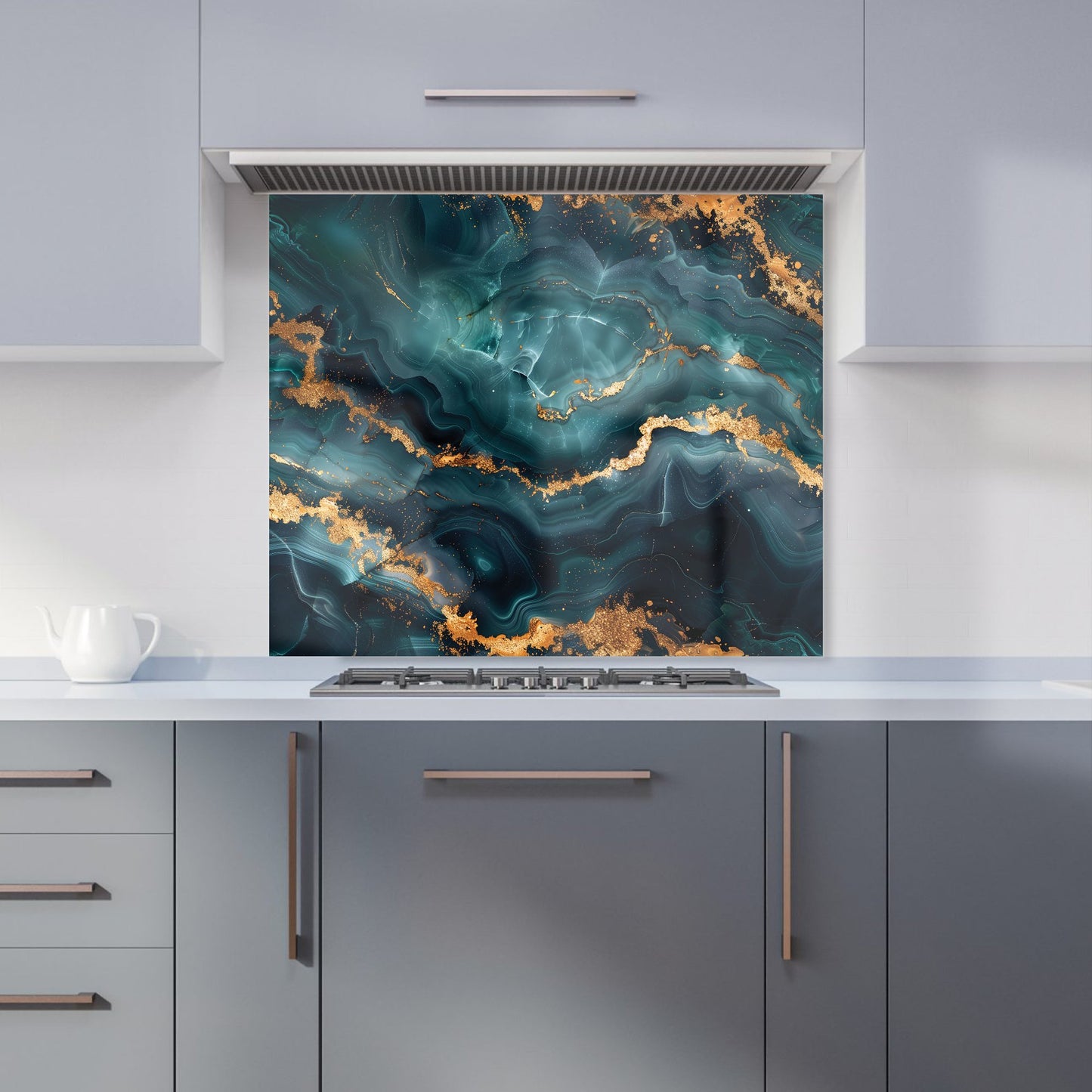 Blue, Gold Marble Effect Kitchen Splashback