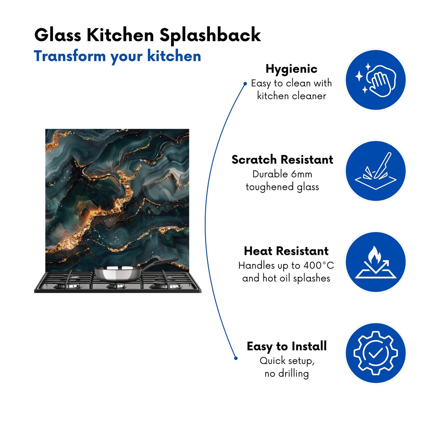 Vibrant Blue Marble Effect Kitchen Splashback