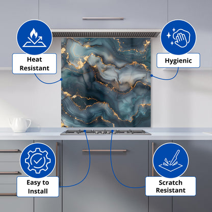 Blues And Gold Marble Effect Kitchen Splashback