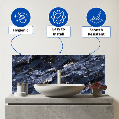 Deep Ocean Blue Quartz Effect Glass Bathroom Splashback