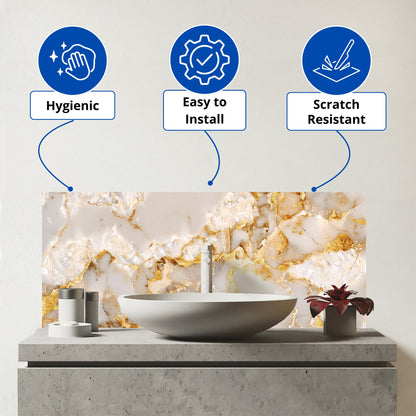 Gold And White Quartz Effect Glass Bathroom Splashback