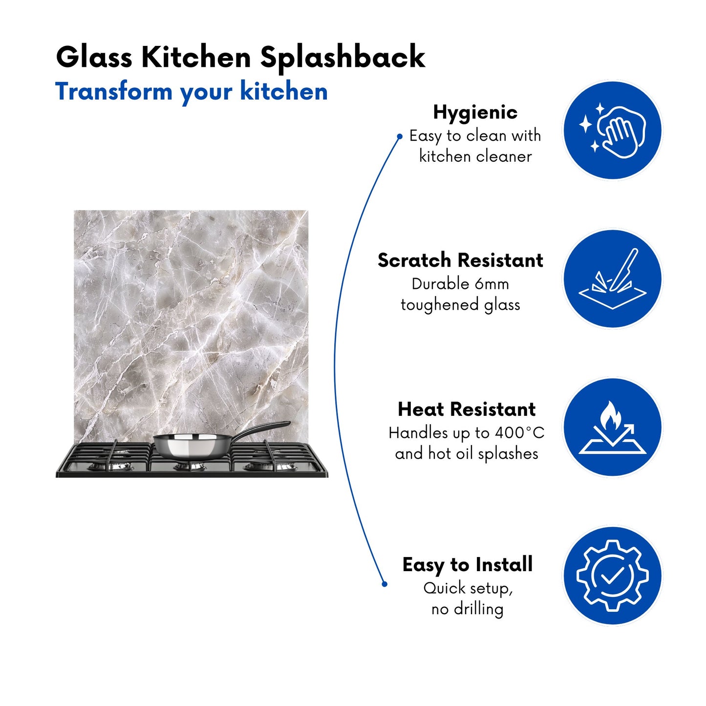 Polished Grey Marble Effect Kitchen Splashback