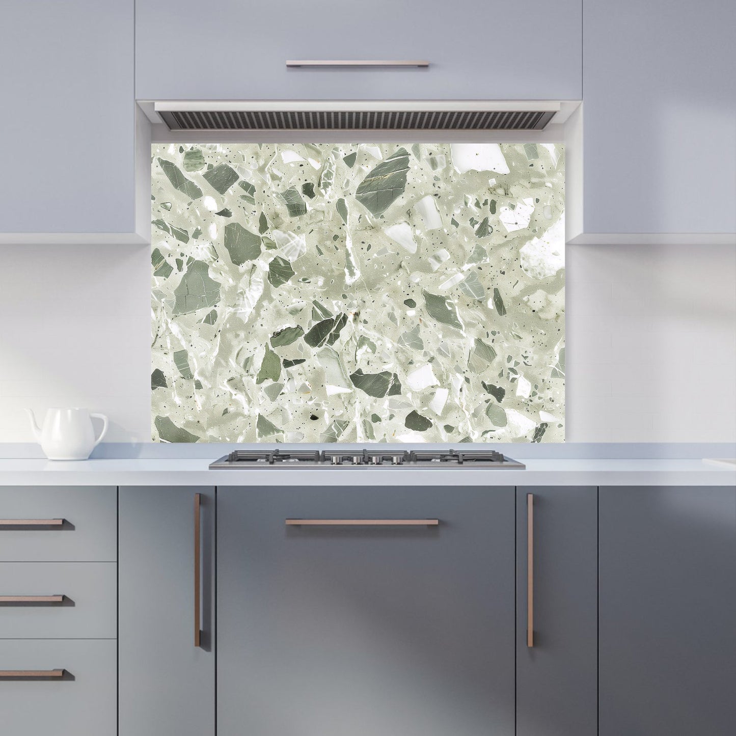Sage Green And White Quartz Effect Kitchen Splashback