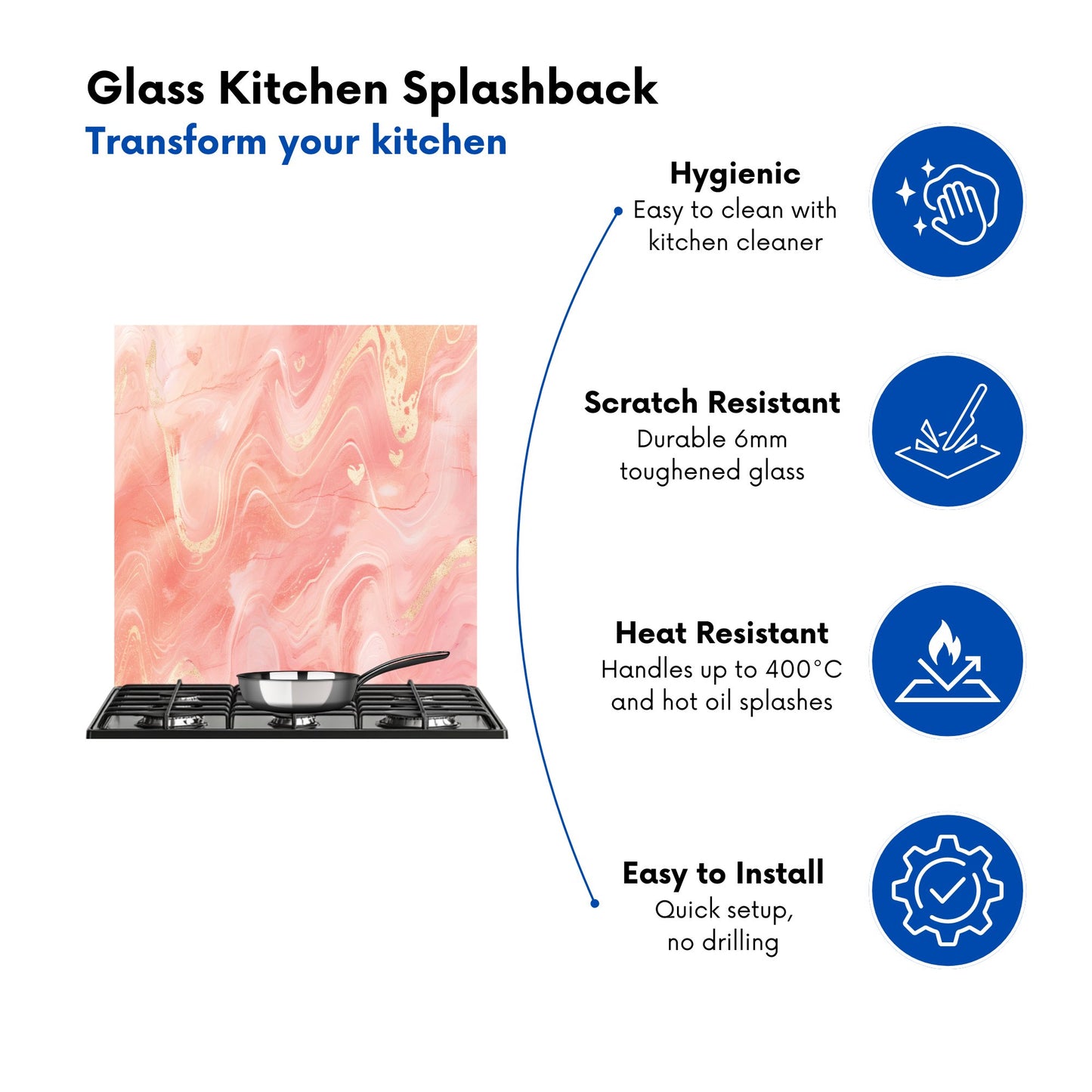 Salmon Pink Hearts Marble Effect Kitchen Splashback