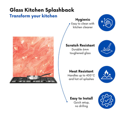 Salmon Pink With Hearts Marble Effect Kitchen Splashback