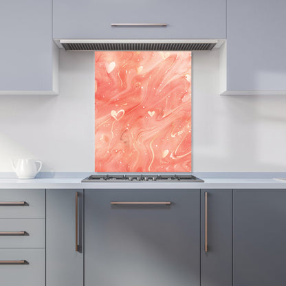 Salmon Pink With Hearts Marble Effect Kitchen Splashback