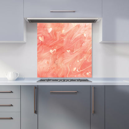 Salmon Pink With Hearts Marble Effect Kitchen Splashback