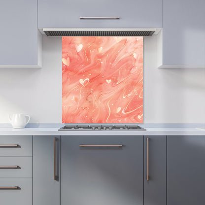 Salmon Pink With Hearts Marble Effect Kitchen Splashback