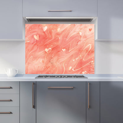 Salmon Pink With Hearts Marble Effect Kitchen Splashback