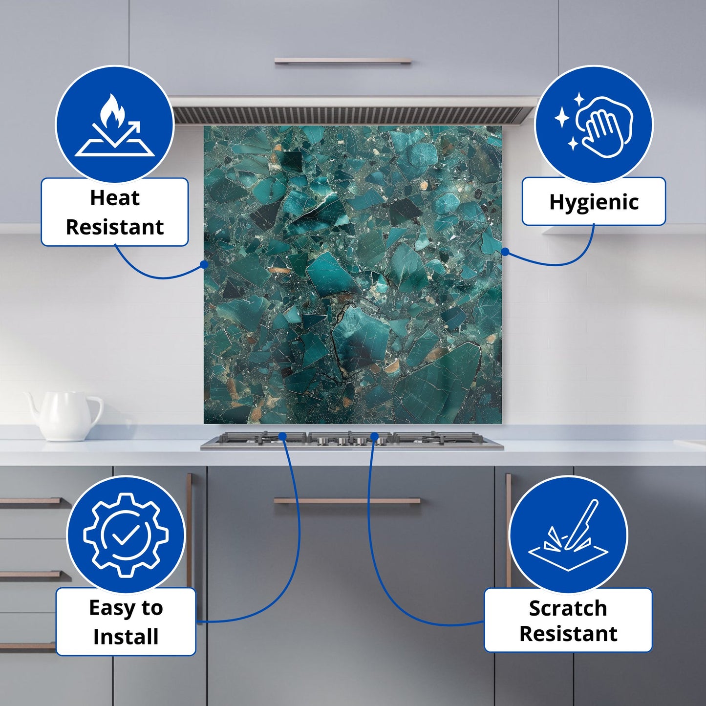 Teal Quartz Effect Kitchen Splashback