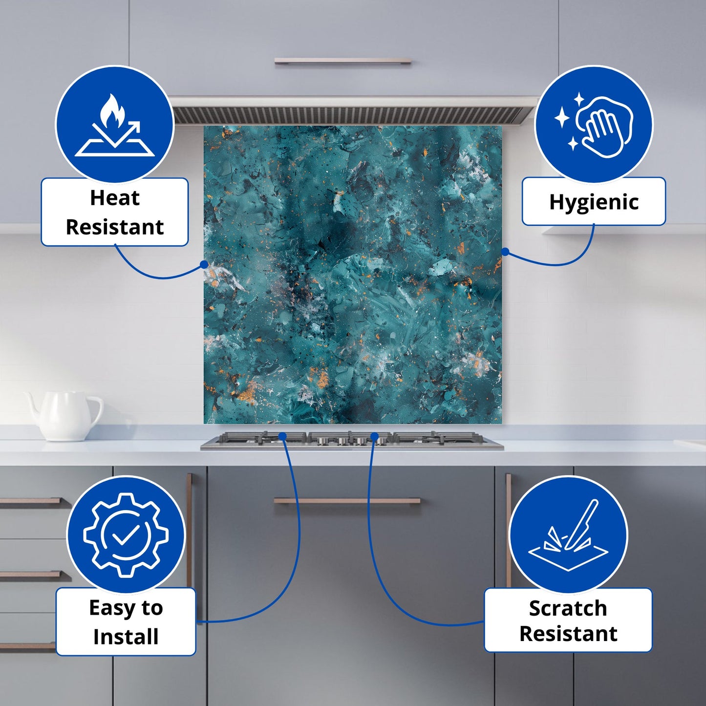 Polished Teal Quartz Effect Kitchen Splashback