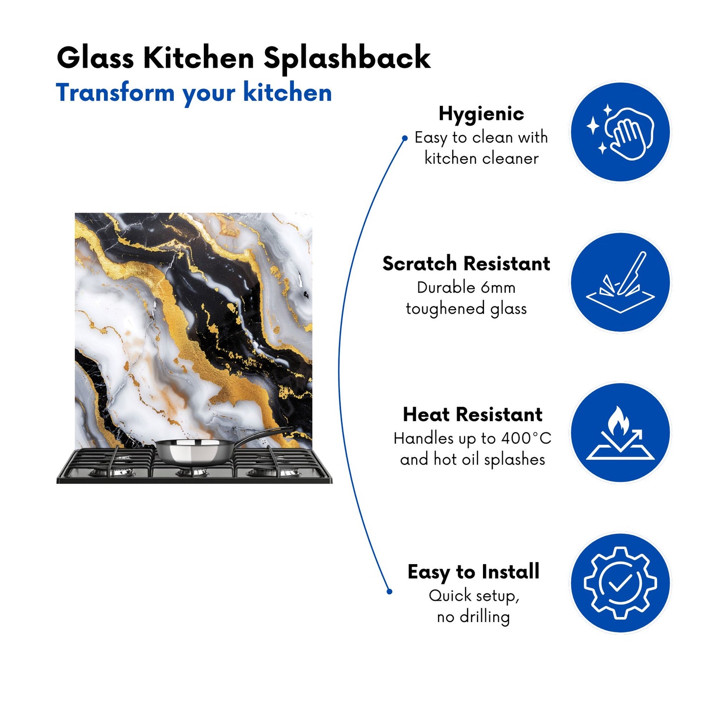 White Backed With Gold Marble Effect Kitchen Splashback