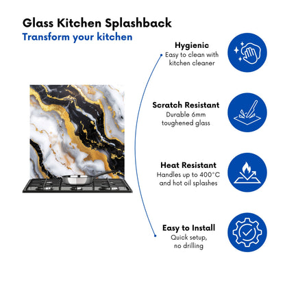 White Backed With Gold Marble Effect Kitchen Splashback