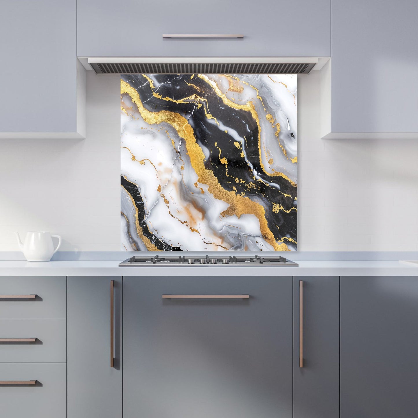 White Backed With Gold Marble Effect Kitchen Splashback