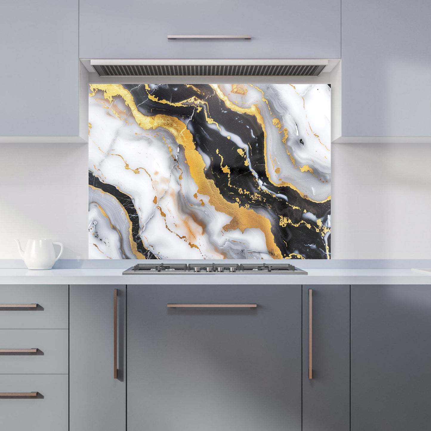 White Backed With Gold Marble Effect Kitchen Splashback