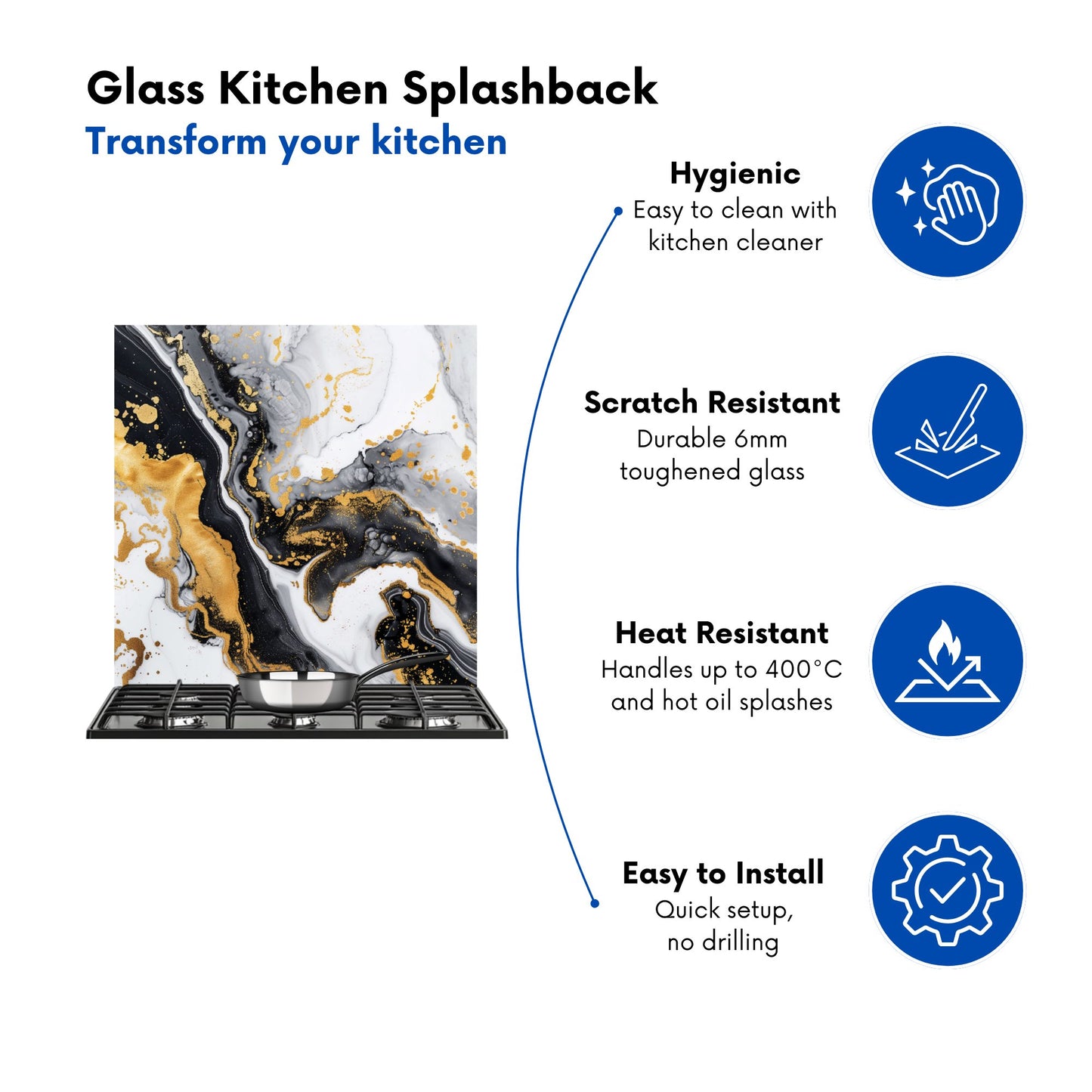 Gold White And Black Marble Effect Kitchen Splashback