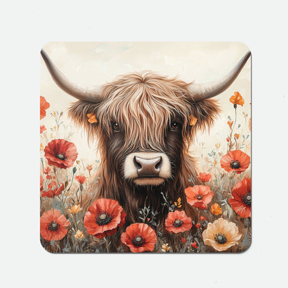 Highland Cow And Summer Flowers Coasters