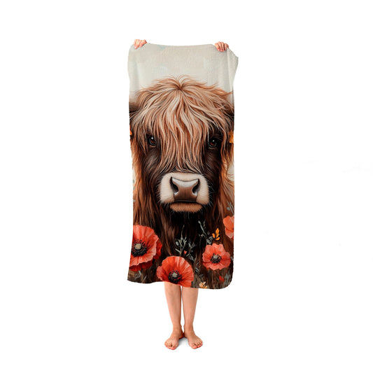 Highland Cow And Summer Flowers Beach Towel