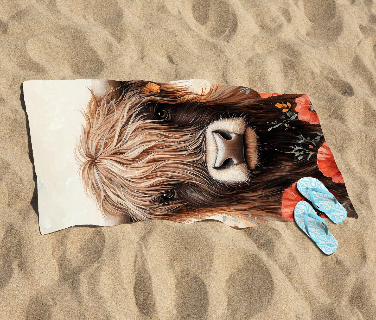 Highland Cow And Summer Flowers Beach Towel