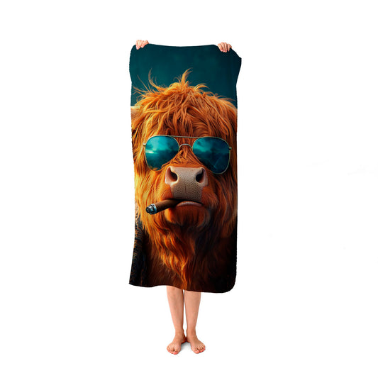 Highland Cow With Glasses Beach Towel