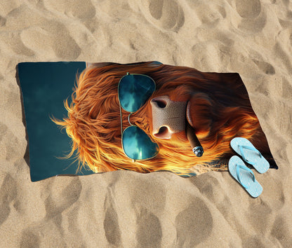 Highland Cow With Glasses Beach Towel