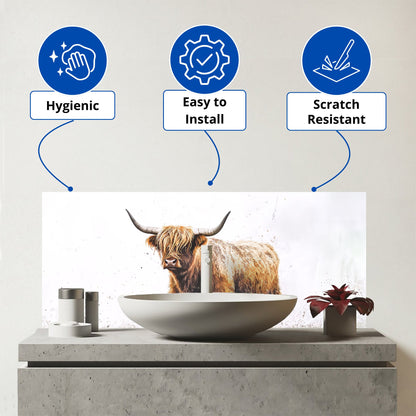 Highland Cow Watercolour Glass Bathroom Splashback