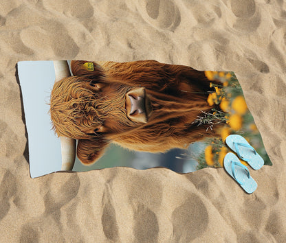 Highland Cow By The Coast Beach Towel