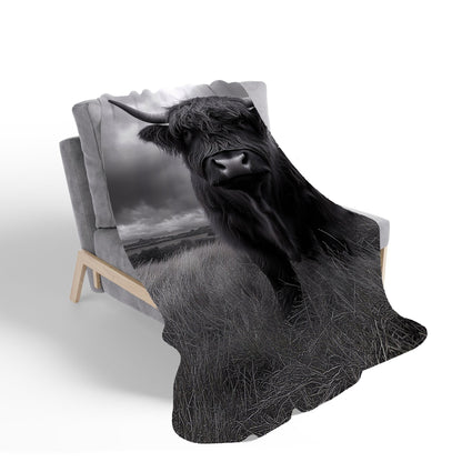 Black And White Highland Cow Sherpa Blanket