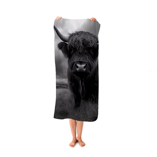 Black And White Highland Cow Beach Towel