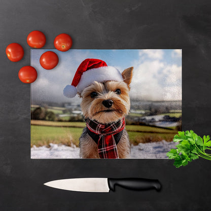 Snowy Christmas Yorkshire Terrier Glass Chopping Board